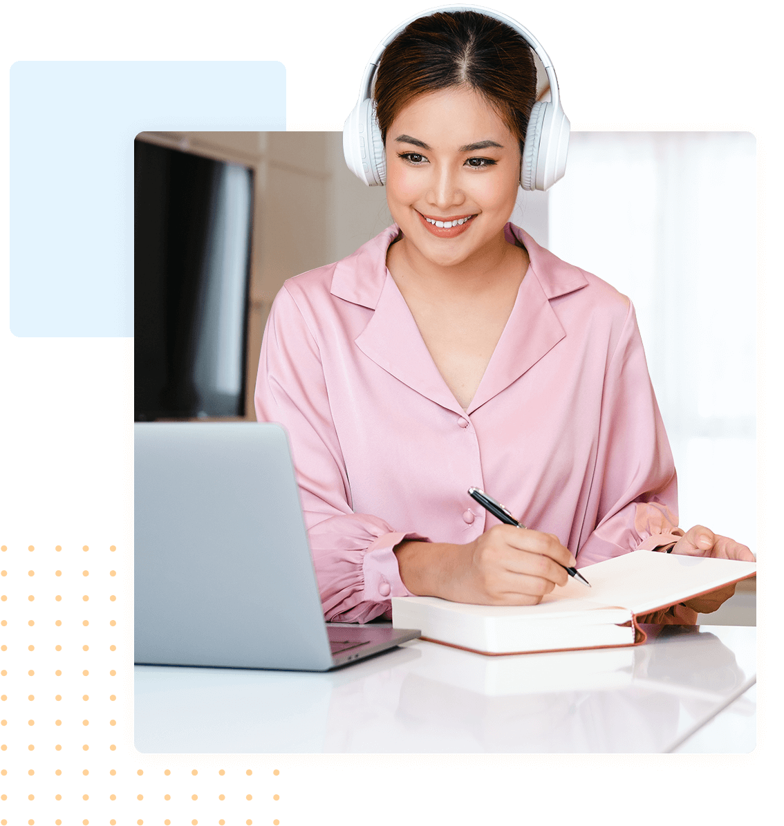 Student learning online with headphones